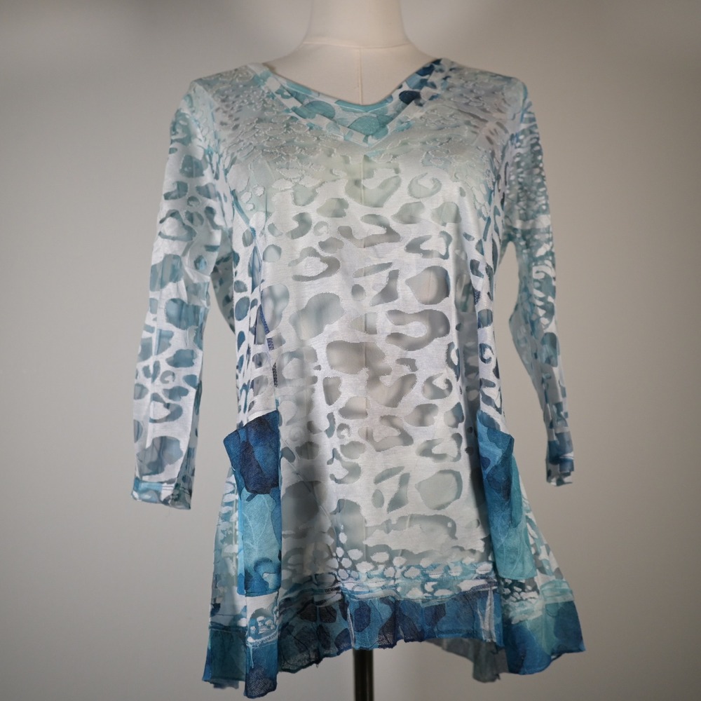 Impulse California Blue White Animal Print Burnout V-Neck Tunic Top Medium